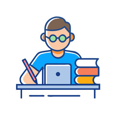 Student studying with books laptop and pen in workspace