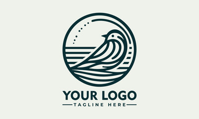 Simple bird line drawing enclosed in circular emblem standing calmly on natural surface. Nature concept
