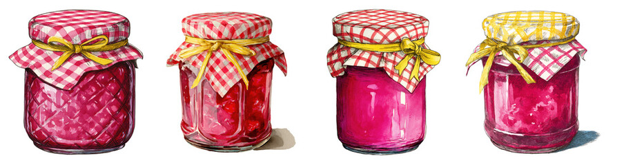 Cute jar of jam with red checkered fabric and yellow ribbon on the lid, on an isolated transparent background