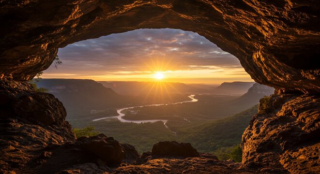 Cave Opening at Sunset with River View