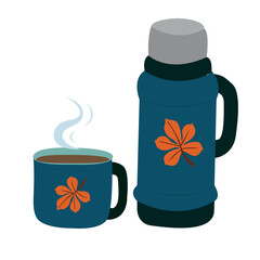 A blue thermos and a camping mug with an autumn leaf on them, for tea or coffee. Vector drawing on a white background.