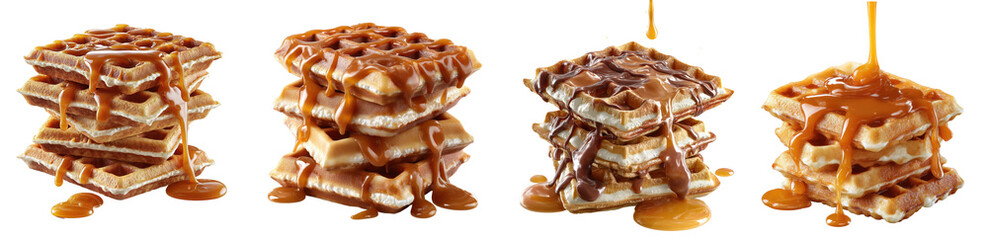 An appetizing stack of waffles drizzled with caramel sauce, isolated on a transparent background