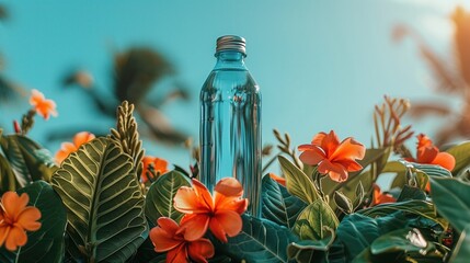 Glass water bottle surrounded by tropical flowers and leaves, promoting hydration and natural wellness in a sunny tropical setting