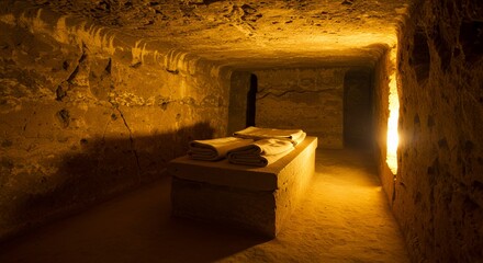 Ancient Tomb With Stone Bed And Folded Cloths