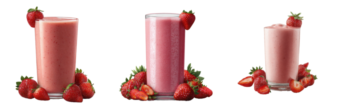 A strawberry cocktail in a glass, with fresh strawberries at the bottom and top edges of the frame, on a transparent background