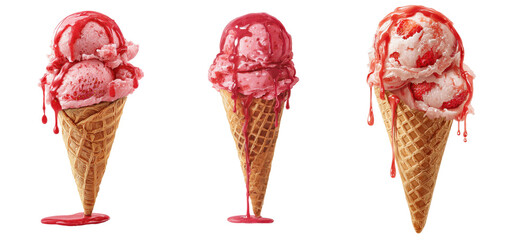 Strawberry ice cream in a cone with strawberry sauce dripping down, transparent background