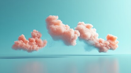 Pastel pink clouds float against a teal backdrop, reflecting on a calm surface