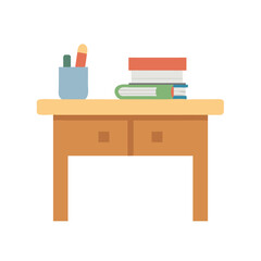 Illustration of a desk with books and office supplies
