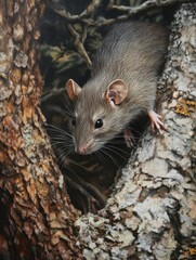 Curious Rat Peeking from Tree Hollow, Detailed Animal Portrait, Wildlife Observation, Natural Habitat, Artistic Painting