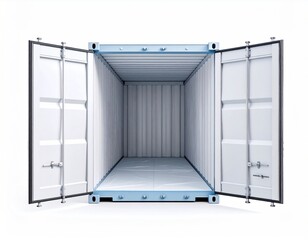 Empty storage container with open doors revealing a clean, bright interior.
