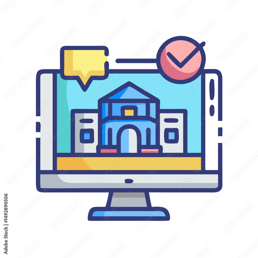 Poster university building on computer screen with check mark icon
