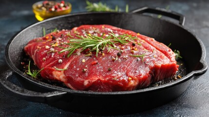 Raw Beef Steak Prepared in Cast Iron Pan with Rosemary and Pepper Overhead Close Up Studio Shot