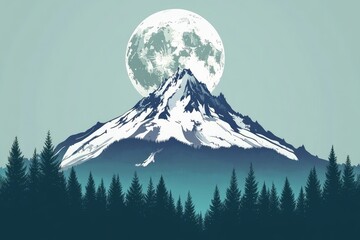 Silhouette illustration of a mountain peak with a full moon.