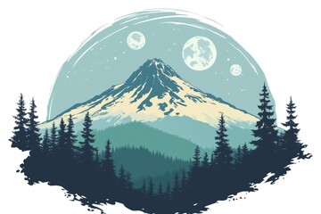 Majestic mountain scene within a circular design.