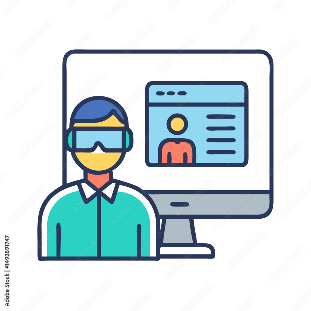 Poster man using virtual reality headset working on his computer