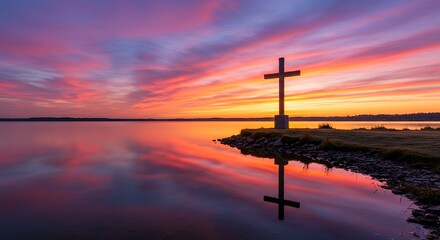 Cross at Sunrise over Water