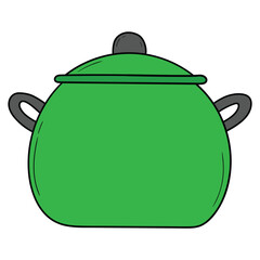 Hand drawn cartoon green saucepan on white background.