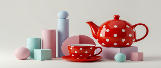 Red polka dot teapot and cup on pastel geometric shapes