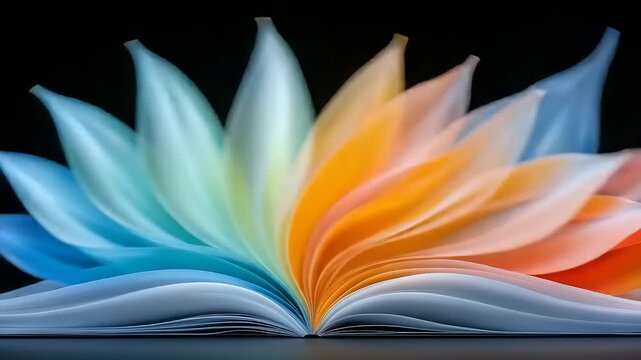 Colorful open book with abstract leaves.