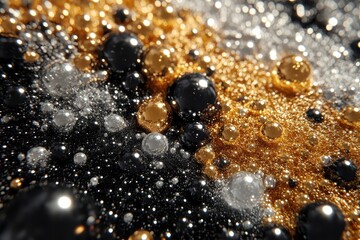 Gold, silver, and black spheres create a luxurious sparkling texture. Use this for backgrounds, branding, or design elements with elegance.