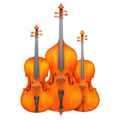 Fototapeta premium Three Elegant Violins in Smooth Orange Finish on a Black Background, isolated on transparent background.