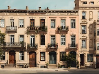 Obraz premium Admire Cream-Hued Townhouse Facades Aligned in Uniform Harmony Captured with Frontal Architectural Flair, Contemporary Elegance