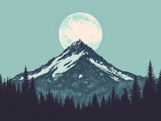 A serene mountain landscape under a pale moon.
