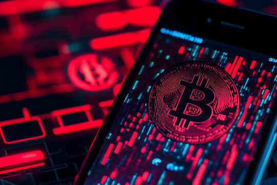 Bitcoin Symbol on Smartphone with Red Digital Background – Cryptocurrency and Blockchain Technology