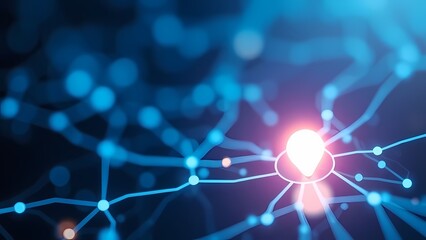 Obraz premium A glowing network map pin creates a futuristic technology background with abstract data flow.