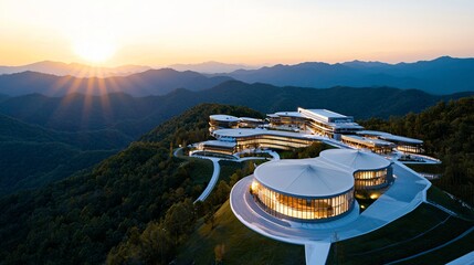 gas management site atop green hill, panoramic view of valley, facility designed with minimal intrusion, low glass buildings, earth tones, sunlight flares