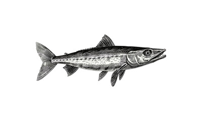Obraz premium Vintage Fish Etching, Monochrome Ocean Animal Art, Rustic Wildlife Print, Barracuda Swimming Forward, Marine Biology Illustration, Black Sketch, Trendy Marine Life Wall Decor