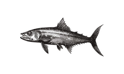 Ocean Predator Barracuda Swimming Forward, Vintage Marine Biology Etching, Black Sketch Print, Scientific Sea Life Drawing, Engraving Style, Retro, Trendy Art