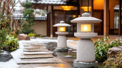 Stone Lanterns Illuminate Snowy Path in a Japanese Garden