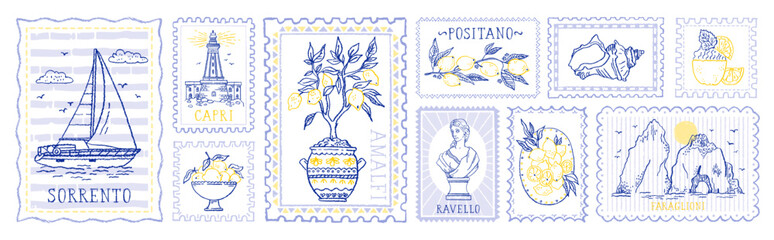 Fototapeta na wymiar Italian summer with lemon. Stamp Italy poster. Vintage doodle summer. Food from Italy, lemon design menu. Beach sea stamp background. Italian coast Amalfi Positano Capri Ravello Sorrento Faraglioni bg