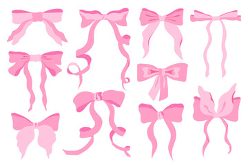 Pink bows vector illustration set. Cute coquette curved ribbon bows isolated on white background. Feminine decor for baby shower design, baby girl party, hairstyle, birthday clipart in flat style
