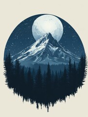 Majestic mountain peak, forest, and moon in a circular design.