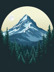 Snowy mountain peak framed by forest in a circular design.