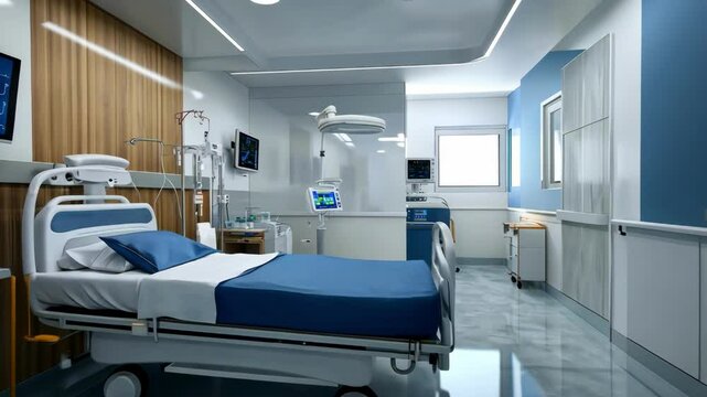 hospital bed in empty modern intensive care unit with medical equipment and heart monitor