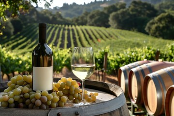 Fototapeta premium White wine tasting amid sun drenched Napa Valley vineyards, savoring vintage notes near rustic oak barrels and ripening grape clusters