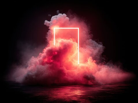 Neon rectangle in red smoke cloud on black background studio shot abstract concept modern style design element digital art