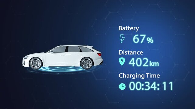 Electric Vehicle battery charging Dashboard Interface with Side view electric car charging battery vector design concept. EV charging design for Electric Car, EV station, ui, clean energy
