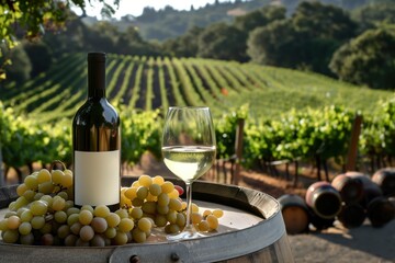 White wine tasting in a vineyard with a glass and a bottle standing on a barrel alongside fresh grapes