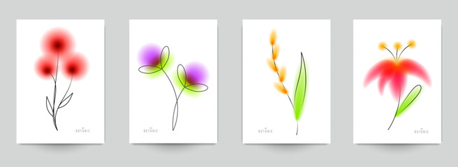 Abstract art cover cart, poster, invitation or banner in modern creative style. Set fashion concept design flowers with soft blur and line elements. Collection template vector botanical illustration.