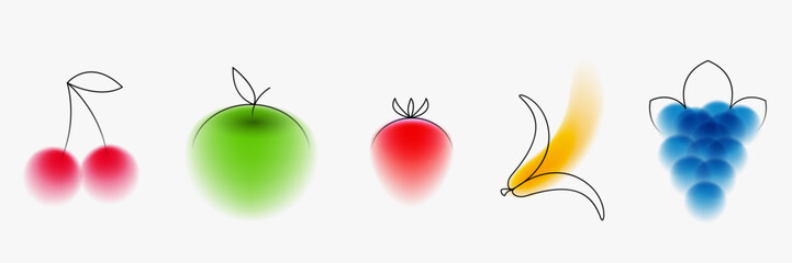 Cherry, apple, strawberries, banana, grapes. Set fruit plant in creative minimal style. Modern fashion concept design with simple shape lines and blur gradient elements. Bright vector illustration.