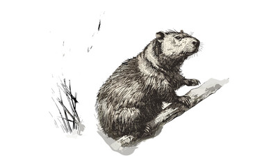 Vintage Animal Etching, Beaver Building Dam Hand-drawn Wildlife Illustration, Rustic Wildlife Art, Black Sketch, Monochrome River Creature Drawing, Nature Scientific Print for Home Decor © Vintage studio