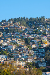 Colorful Hillside Houses in Valparaiso, Chile , Vibrant Urban Landscape, Colonial Architecture, Coastal City View, South America Travel Destination