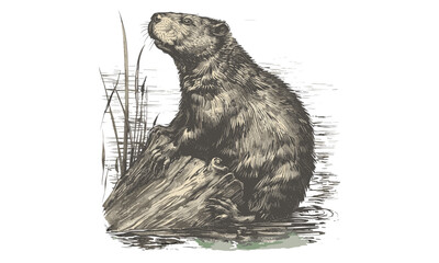 Hand-drawn Beaver Building Dam, Vintage Wildlife Illustration, Rustic Animal Etching, Monochrome River Creature Drawing, Black Sketch, Nature Scientific Art Print for Home Decor © Vintage studio
