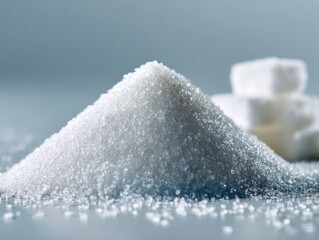 small pile of white refined sugar, on light grey gradient background 