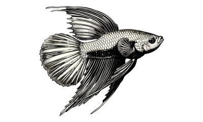 Betta Fish Swimming, Monochrome Etching of Tropical Fish, Vintage Scientific Illustration, Rustic Aquatic Nature Print, Black Sketch, Retro Style, Old Engraving Art