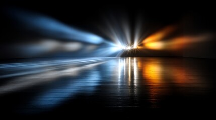 Abstract light burst reflected on a wet surface, creating a sense of motion